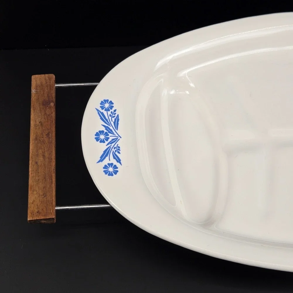 Vintage CorningWare Blue Cornflower P-19 Oval Platter Meat Tray with Cradle Rack